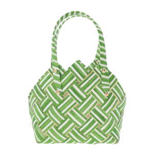 Zielona torba dekoracyjna o wymiarach 20x10 cm wykonana z naturalnych surowców, idealna jako osłonka na doniczkę.