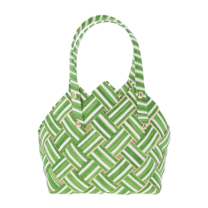 Zielona torba dekoracyjna o wymiarach 20x10 cm wykonana z naturalnych surowców, idealna jako osłonka na doniczkę.