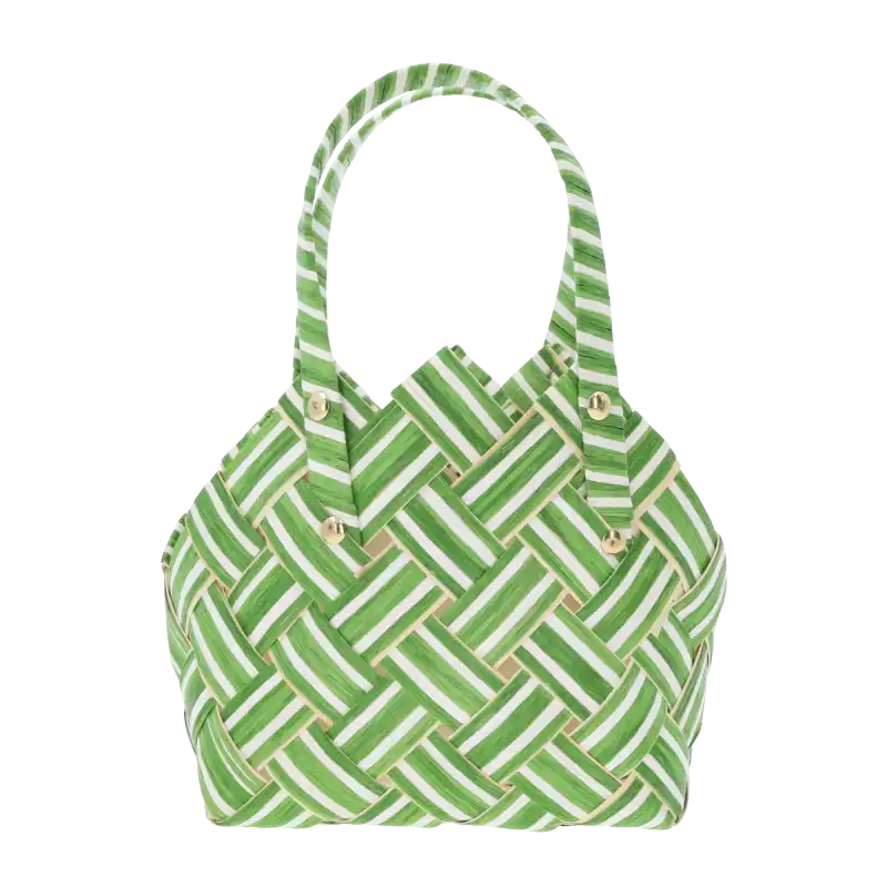Zielona torba dekoracyjna o wymiarach 20x10 cm wykonana z naturalnych surowców, idealna jako osłonka na doniczkę.