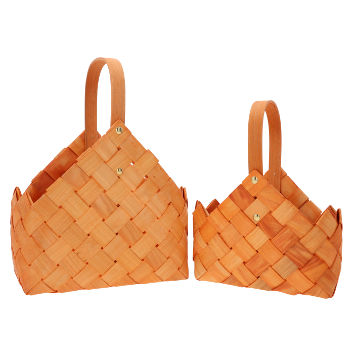 Zestaw dwóch pomarańczowych toreb dekoracyjnych o wysokości 32 cm i 25 cm. Lekkie kosze z naturalnych surowców, idealne do roślin i prezentów.