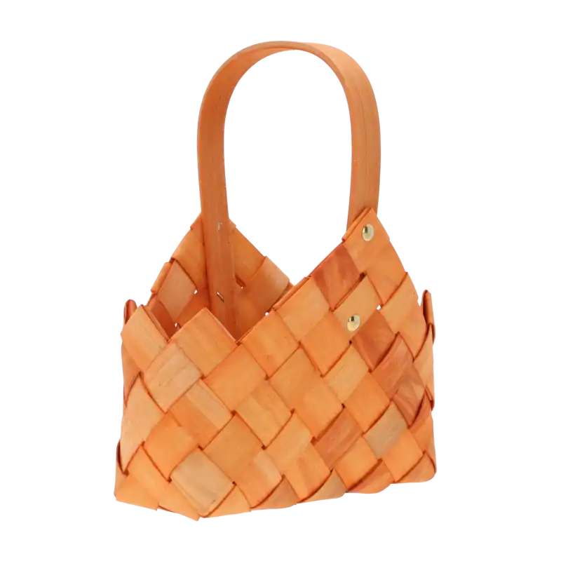 Pomarańczowa torba dekoracyjna o wymiarach 20x15 cm. Wykonana z naturalnych surowców, posiada wygodny uchwyt oraz plecioną strukturę. Doskonała do domu i ogrodu.