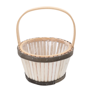 Okrągła drewniana osłonka z kory 23x23x13 cm z pionowymi listewkami, ciemnymi obręczami i praktycznym uchwytem.