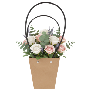 Kraftowa torebka kwiatowa 32x12 cm wypełniona bukietem różowych i białych kwiatów z zielonymi gałązkami, prezentująca sposób wykorzystania produktu.
