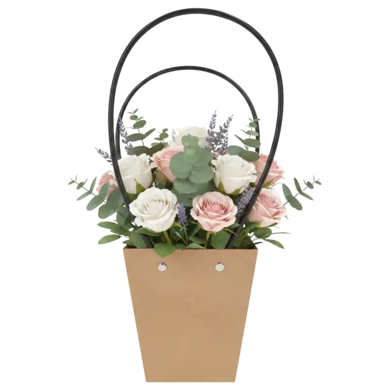 Kraftowa torebka kwiatowa 32x12 cm wypełniona bukietem różowych i białych kwiatów z zielonymi gałązkami, prezentująca sposób wykorzystania produktu.