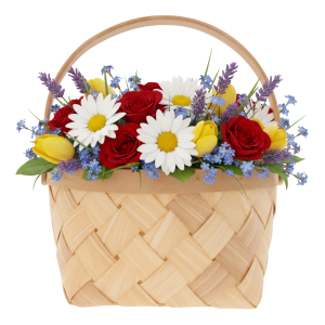 Okrągły kosz z naturalnych materiałów wypełniony kolorową kompozycją florystyczną z różami i stokrotkami.