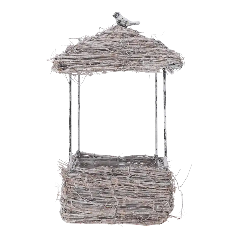 Drewniana osłonka karmnik z ptaszkiem o wymiarach 35x18x18 cm. Dekoracyjna doniczka z folią ochronną wewnątrz, idealna jako rustykalna ozdoba ogrodowa.
