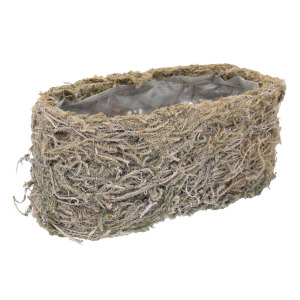 Owalna osłonka z mchu i gałązek 30x15 cm, wykonana z naturalnych materiałów z wewnętrzną folią ochronną wewnątrz.