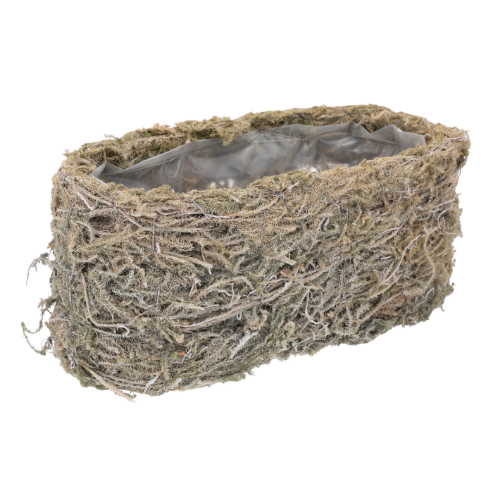Owalna osłonka z mchu i gałązek 30x15 cm, wykonana z naturalnych materiałów z wewnętrzną folią ochronną wewnątrz.