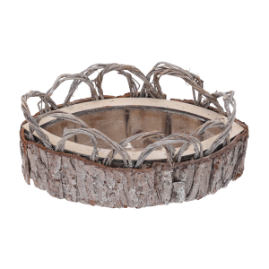 Rustykalna drewniana osłonka z kory w kształcie łezki o wymiarach 28x14 cm, wyposażona w szczelną folię ochronną do kwiatów.