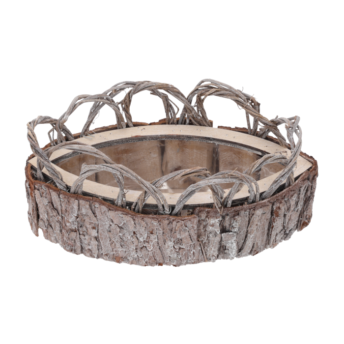 Rustykalna drewniana osłonka z kory w kształcie łezki o wymiarach 28x14 cm, wyposażona w szczelną folię ochronną do kwiatów.