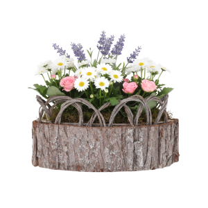 Osłonka z kory 28x14 cm wypełniona wiosenną kompozycją z margerytek, róż i lawendy na białym tle.