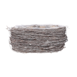 Owalny pojemnik na rośliny spleciony z naturalnych gałązek. Prosta forma pasująca do rustykalnych aranżacji florystycznych.