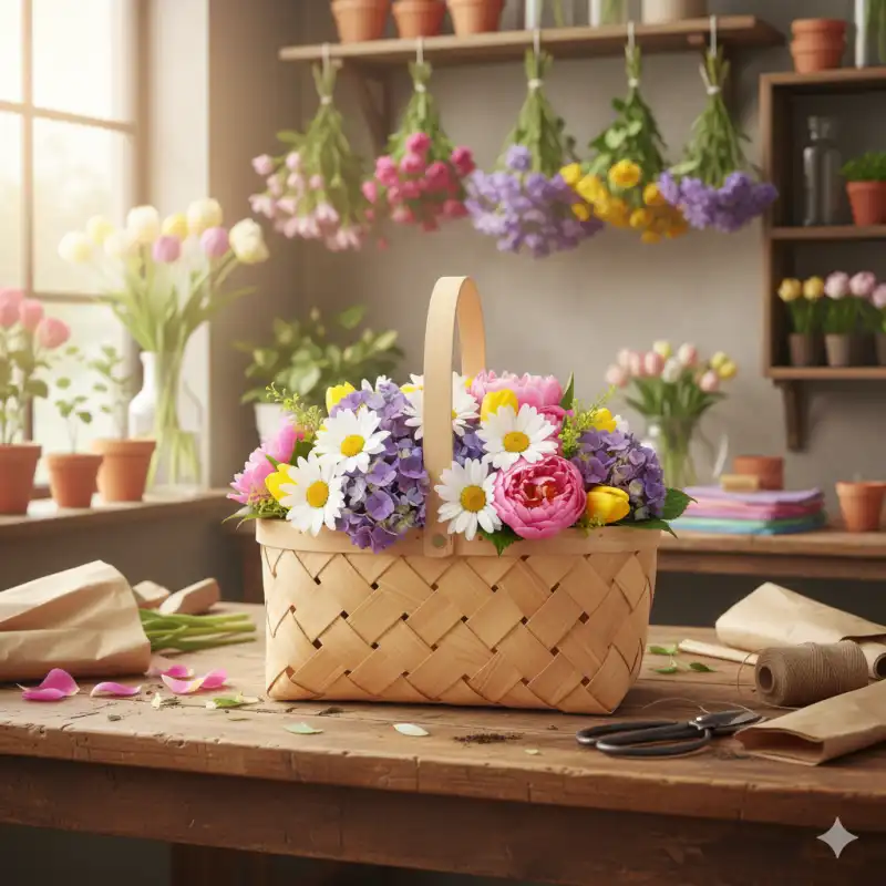 Kosz z łuby pełen kwiatów ustawiony na drewnianym stole w pracowni florystycznej. Tło z wiszącymi bukietami podkreśla sielski i naturalny styl dekoracji.