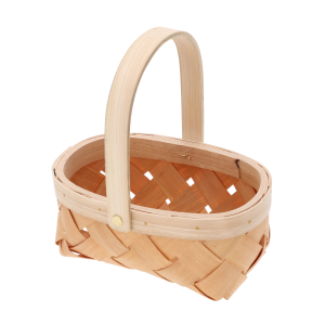 Widok z góry na owalny koszyk z łubianki z ruchomym uchwytem. Naturalna plecionka o wymiarach 20x14 cm, idealna jako baza florystyczna.