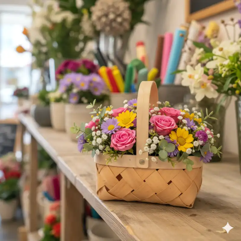 Owalny kosz z łuby z kwiatami ustawiony na drewnianym blacie w pracowni florystycznej. Naturalny dodatek do wnętrz w rustykalnym stylu.