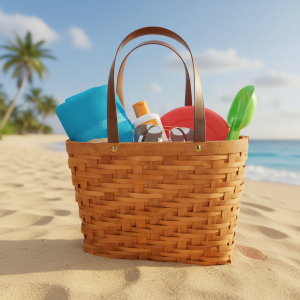 Pleciona torba dekoracyjna ustawiona na piaszczystej plaży, zawierająca ręcznik, okulary przeciwsłoneczne i akcesoria.