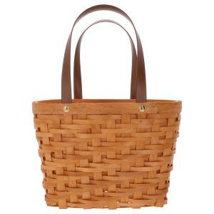 Pleciona torba dekoracyjna o wysokości 37 cm z uchwytami. Naturalny kosz w stylu boho, idealny jako osłonka na doniczkę, prezentowany na jednolitym białym tle.