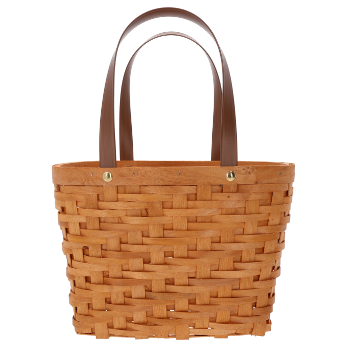 Pleciona torba dekoracyjna o wysokości 37 cm z uchwytami. Naturalny kosz w stylu boho, idealny jako osłonka na doniczkę, prezentowany na jednolitym białym tle.