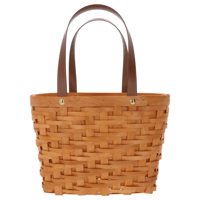 Pleciona torba dekoracyjna o wysokości 37 cm z uchwytami. Naturalny kosz w stylu boho, idealny jako osłonka na doniczkę, prezentowany na jednolitym białym tle.