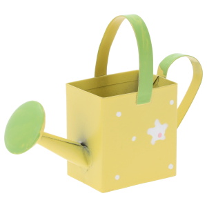 Żółta mini konewka 7 cm z kwiatowym zdobieniem. Stalowy dodatek dekoracyjny do kompozycji roślinnych, rzeżuchy lub stroików o wymiarach 7x3x9 cm.