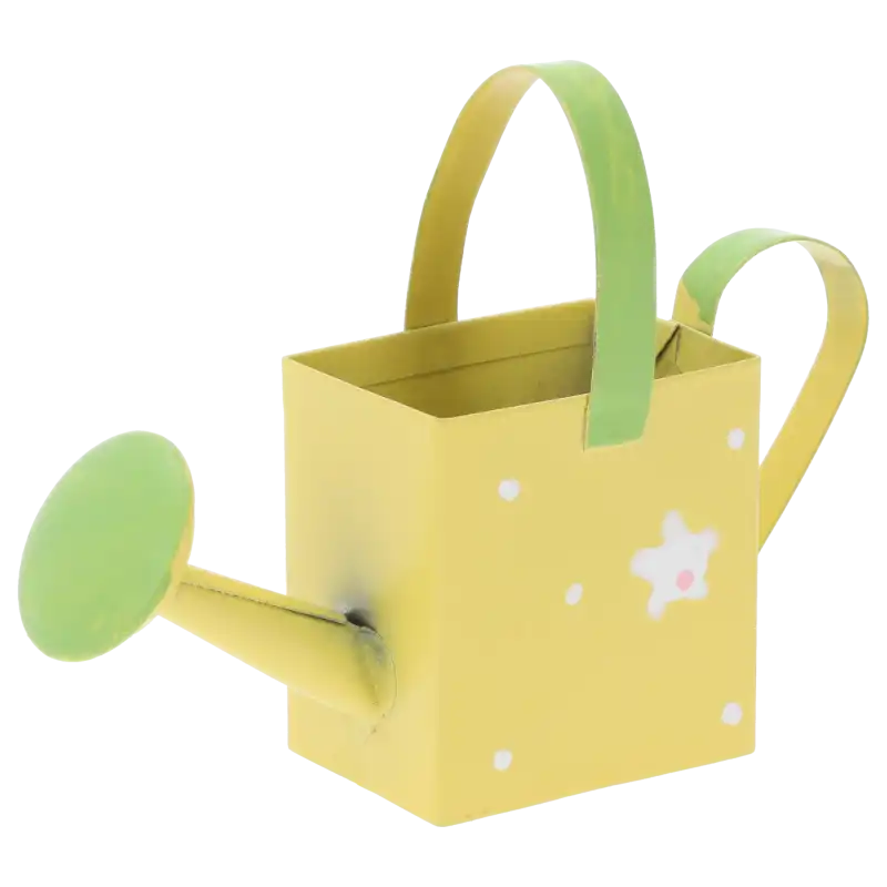 Żółta mini konewka 7 cm z kwiatowym zdobieniem. Stalowy dodatek dekoracyjny do kompozycji roślinnych, rzeżuchy lub stroików o wymiarach 7x3x9 cm.