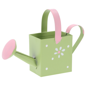 Zielona mini konewka 7 cm ze stalowym kwiatowym zdobieniem i różowymi detalami. Dekoracyjna baza do stroików i roślin.