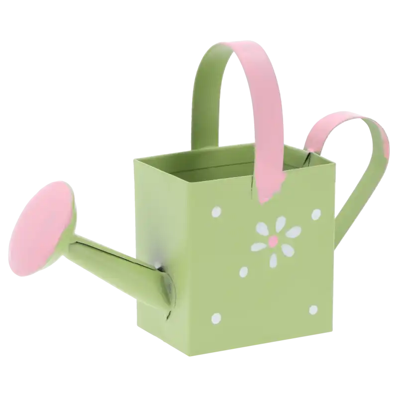 Zielona mini konewka 7 cm ze stalowym kwiatowym zdobieniem i różowymi detalami. Dekoracyjna baza do stroików i roślin.