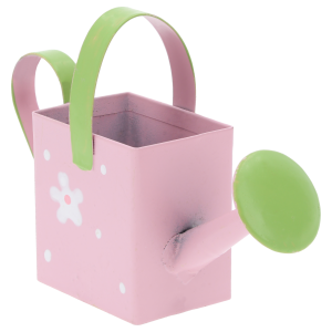 Mini konewka w kolorze różowym z kwiatowym nadrukiem. Ujęcie prezentujące detal wylewki oraz kontrastujący zielony uchwyt na jasnym tle.