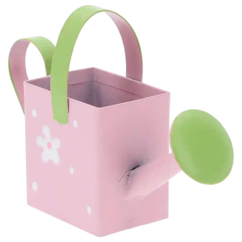 Mini konewka w kolorze różowym z kwiatowym nadrukiem. Ujęcie prezentujące detal wylewki oraz kontrastujący zielony uchwyt na jasnym tle.