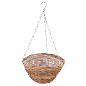 Okrągły kosz wiklinowy o średnicy 30 cm z widocznym łańcuchem montażowym. Naturalny element dekoracyjny do ogrodu.
