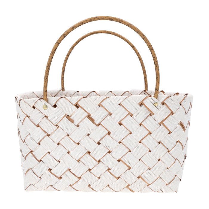 Biała torba dekoracyjna 40x20 cm z naturalnych surowców. Pleciona konstrukcja z wygodnymi uszami, idealna do wnętrz boho i rustykalnych.