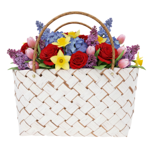 Biała torba dekoracyjna 40x20 cm wypełniona kolorowymi kwiatami. Idealna jako osłonka do kompozycji florystycznych w stylu boho.
