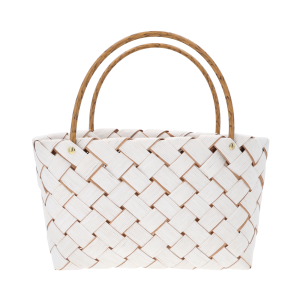 Biała torba na kwiaty 35x15 cm o plecionej fakturze z drewnianymi uchwytami, prezentowana na białym tle. Idealny dodatek w stylu boho.