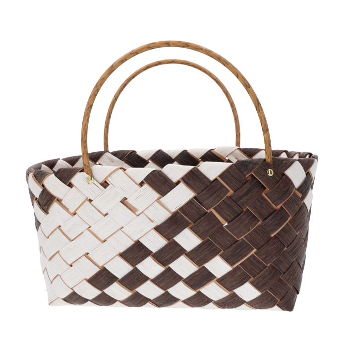 Torba dekoracyjna na kwiaty 40x20 cm z naturalnych surowców. Pleciony dwukolorowy wzór z uchwytami, idealna osłonka na doniczkę lub organizer w stylu boho.