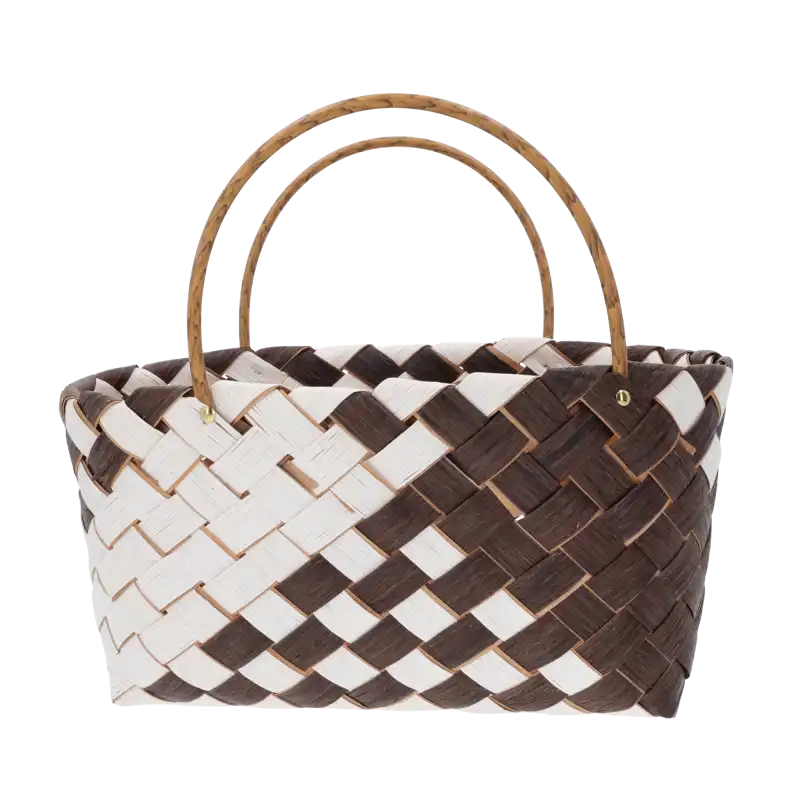Torba dekoracyjna na kwiaty 40x20 cm z naturalnych surowców. Pleciony dwukolorowy wzór z uchwytami, idealna osłonka na doniczkę lub organizer w stylu boho.