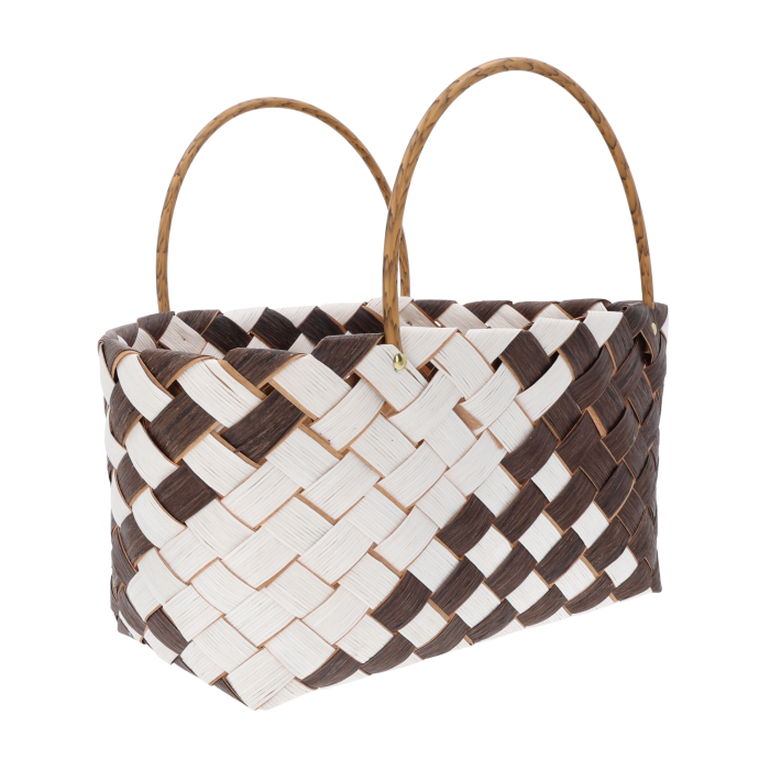 Pleciona torba dekoracyjna o wymiarach 40x20 cm ukazana z profilu. Naturalny design z wyraźnym splotem i praktycznymi rączkami do przenoszenia.