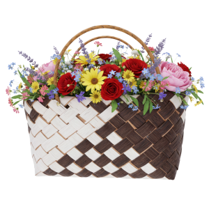 Torba dekoracyjna 40x20 cm wypełniona kolorową kompozycją kwiatową. Naturalny dodatek z rączkami, świetna baza dla florystów i dekoratorów.