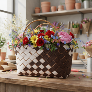 Aranżacja torby dekoracyjnej 40x20 cm z kwiatami na drewnianym blacie w pracowni florystycznej. Naturalny styl boho do wnętrz.