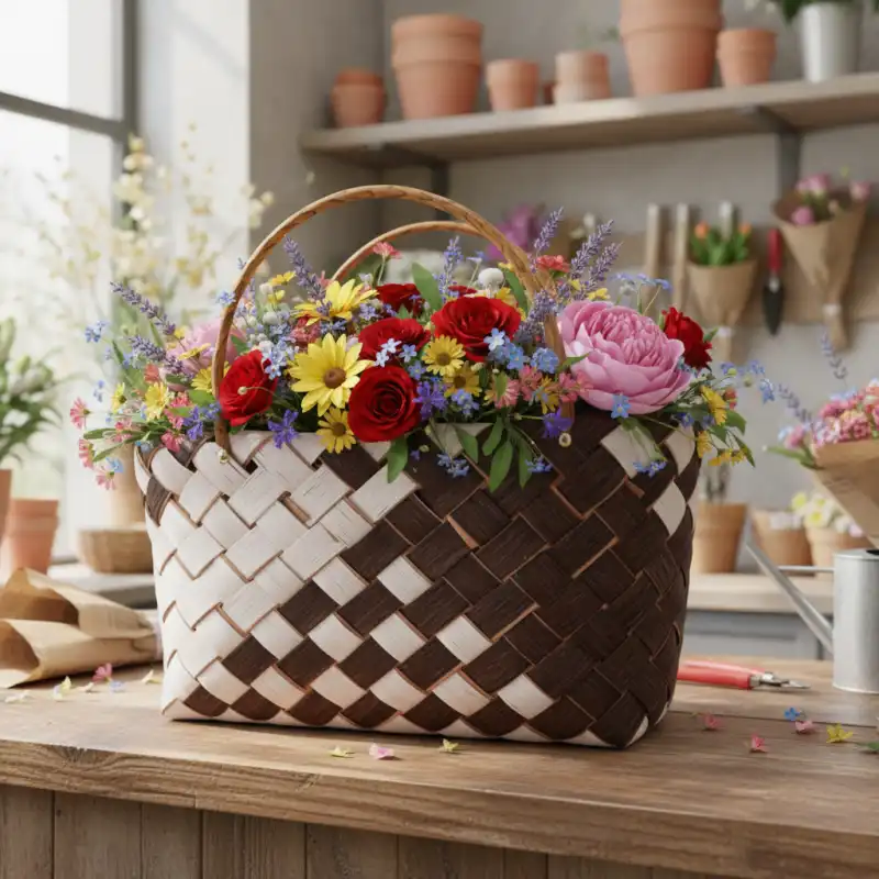 Aranżacja torby dekoracyjnej 40x20 cm z kwiatami na drewnianym blacie w pracowni florystycznej. Naturalny styl boho do wnętrz.