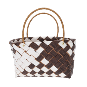 Torba na kwiaty 35x15 cm, pleciona z naturalnych surowców w stylu boho, prezentowana na białym tle. Posiada wygodne uszy do przenoszenia, sprawdzi się jako osłonka na doniczkę lub organizer.