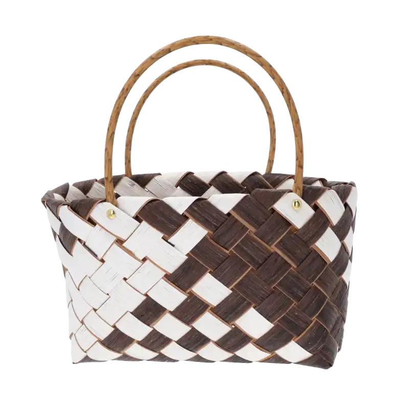 Torba na kwiaty 35x15 cm, pleciona z naturalnych surowców w stylu boho, prezentowana na białym tle. Posiada wygodne uszy do przenoszenia, sprawdzi się jako osłonka na doniczkę lub organizer.