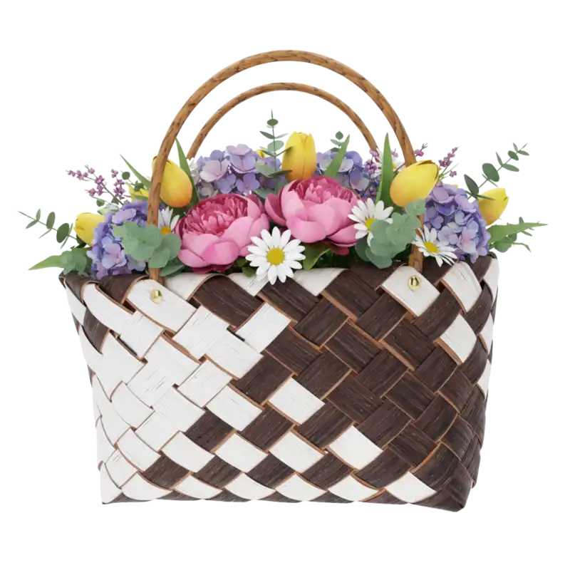 Pleciona torba dekoracyjna wypełniona wiosennymi kwiatami, w tym różowymi piwoniami i żółtymi tulipanami. Naturalny koszyk stanowi elegancką bazę pod kompozycje florystyczne.