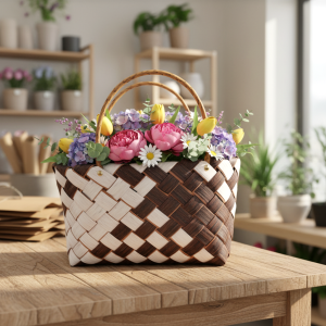 Dekoracyjna torba z kwiatami ustawiona na drewnianym stole w pracowni florystycznej. Naturalny splot i styl boho sprawiają, że produkt jest idealny do profesjonalnych aranżacji.