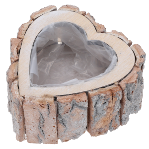 Osłonka z kory w kształcie serca 15x15 cm z folią ochronną. Rustykalna dekoracja drewniana do małych roślin i kompozycji florystycznych, doskonała do wnętrz boho.