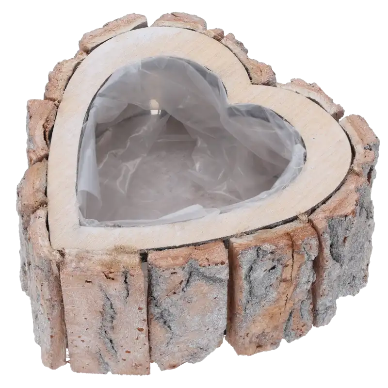 Osłonka z kory w kształcie serca 15x15 cm z folią ochronną. Rustykalna dekoracja drewniana do małych roślin i kompozycji florystycznych, doskonała do wnętrz boho.