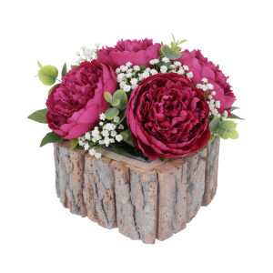 Osłonka z kory 15x15 cm w kształcie serca wypełniona bukietem różowych kwiatów. Rustykalna baza do tworzenia dekoracji florystycznych na stół.