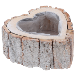 Kompaktowa osłonka z kory o wymiarach 15x15 cm. Naturalny materiał i kształt serca stanowią estetyczne wykończenie dla domowych roślin doniczkowych.