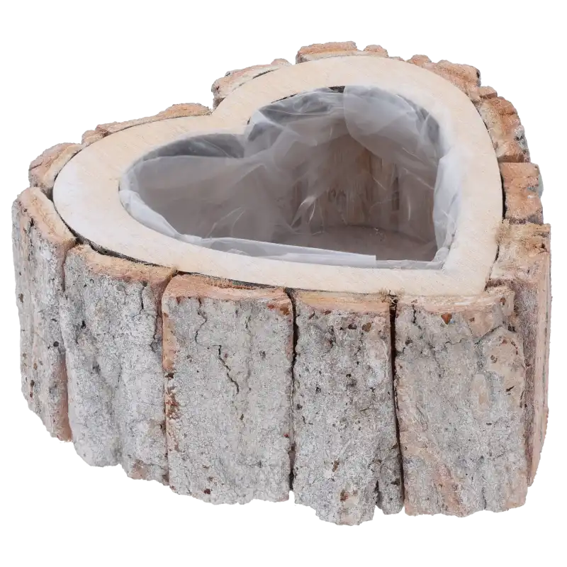 Kompaktowa osłonka z kory o wymiarach 15x15 cm. Naturalny materiał i kształt serca stanowią estetyczne wykończenie dla domowych roślin doniczkowych.
