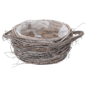 Okrągła osłonka z naturalnych patyków o średnicy 23 cm. Wnętrze wyłożone folią ochronną, idealna do aranżacji roślinnych w domu, na tarasie lub jako dekoracja nagrobna.