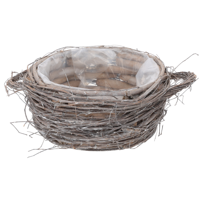 Okrągła osłonka z naturalnych patyków o średnicy 23 cm. Wnętrze wyłożone folią ochronną, idealna do aranżacji roślinnych w domu, na tarasie lub jako dekoracja nagrobna.
